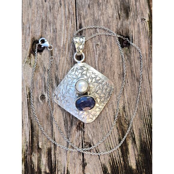 Vintage Modernist Sterling Silver Blue Lapis Lazuli & Pearl Pendant Necklace 20" - Picture 3 of 8